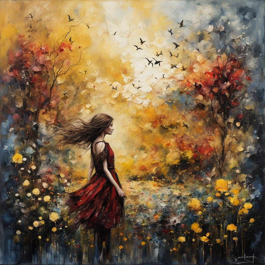 Expressionist Impasto Encaustic Painting with Golden Motifs