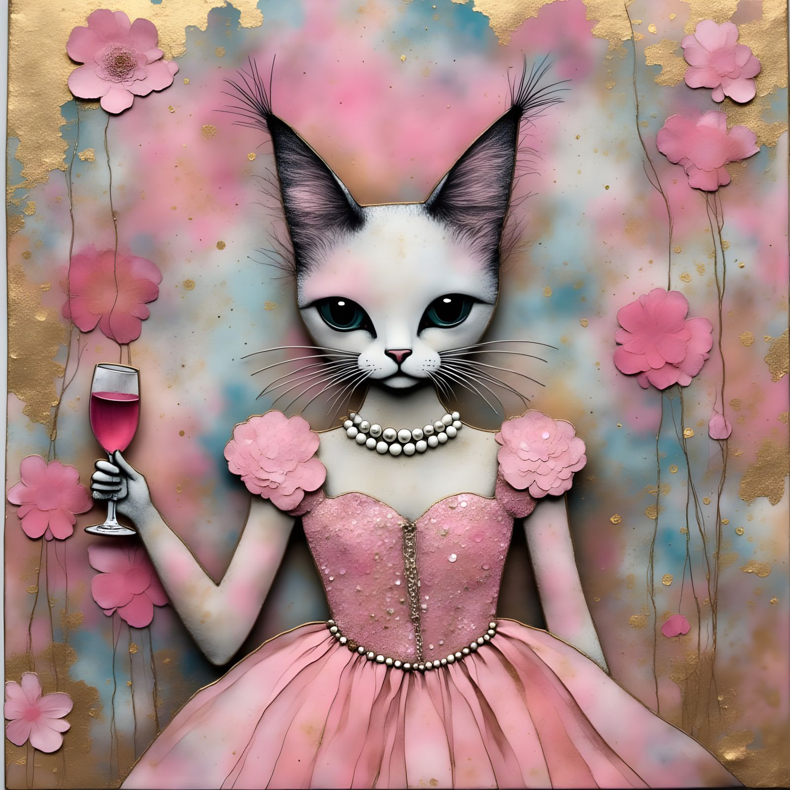 Whimsical Feline in Encaustic Masterpiece