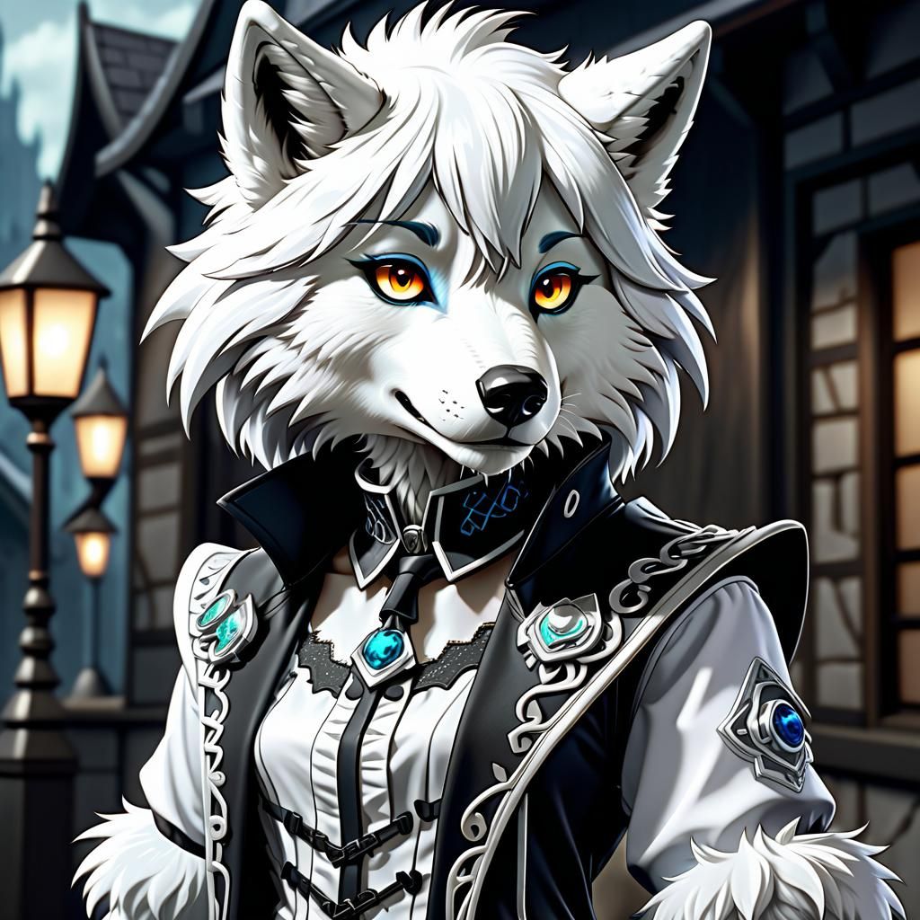 Anime White Wolf Anthro in Gothic Outfit
