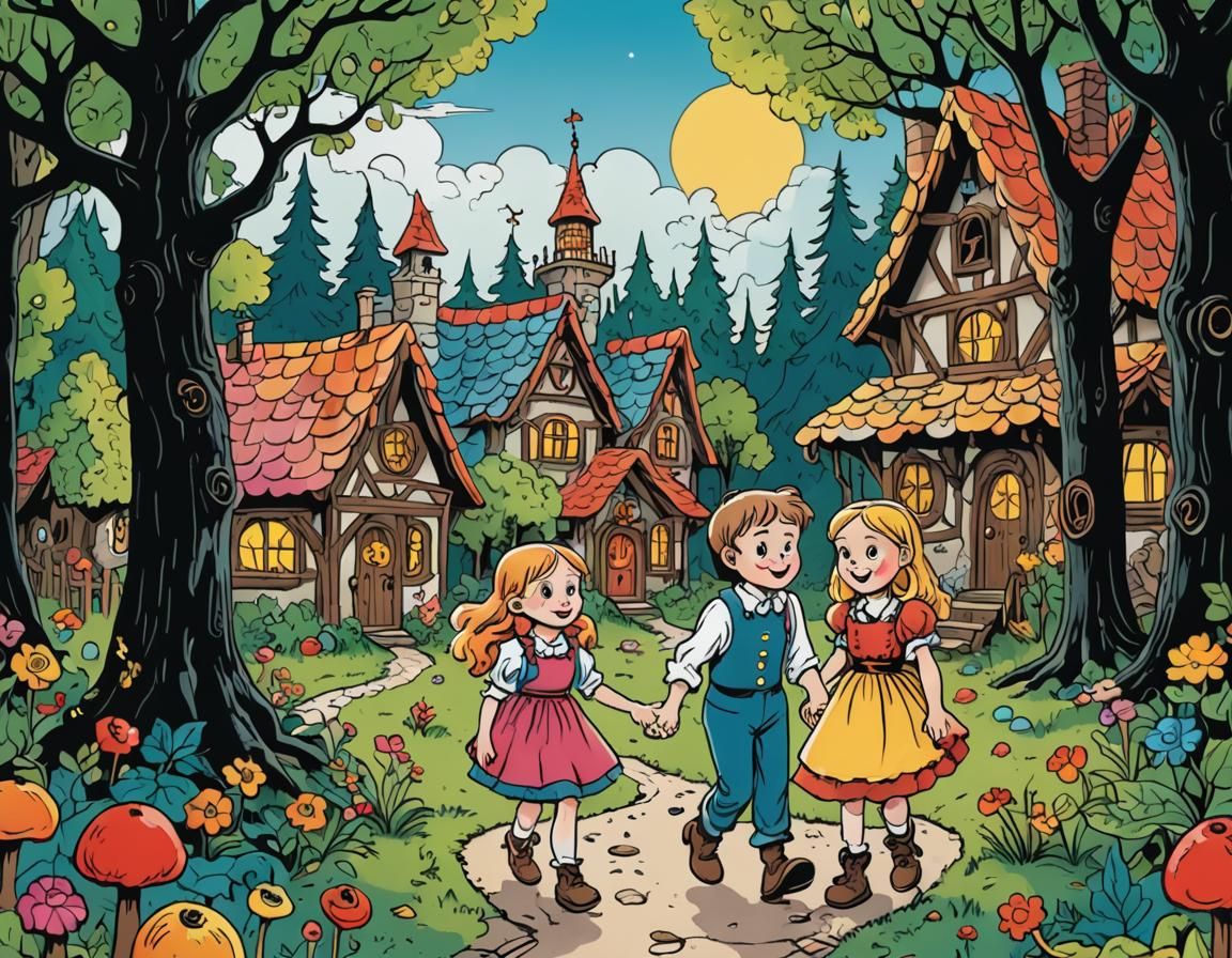 Hansel and Gretel Storybook Illustration with Black Outlines
