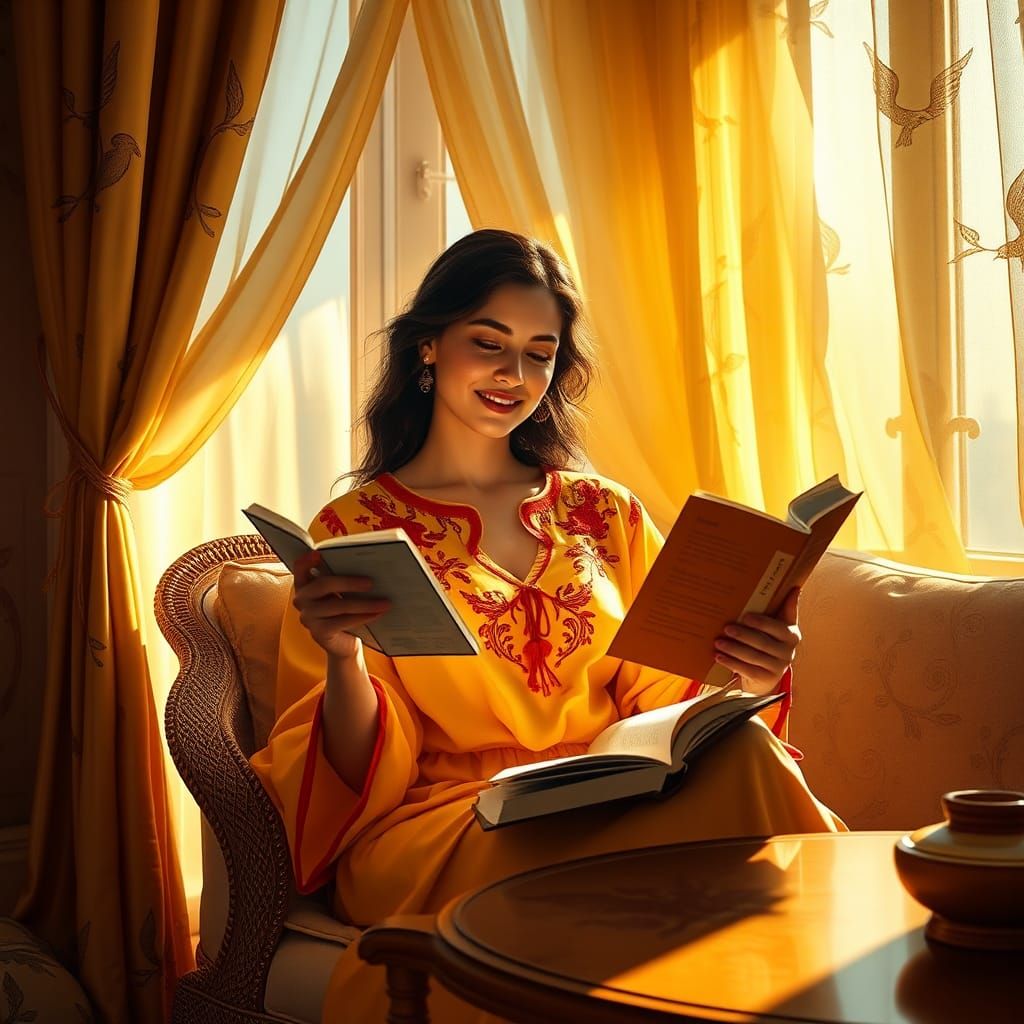 Serene Woman Reading in Mediterranean Bedroom