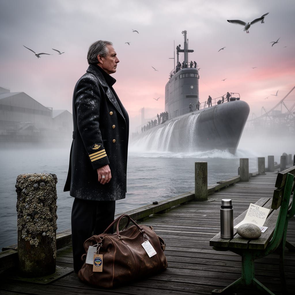 Submarine Captain Returns to Foggy Harbor at Dawn