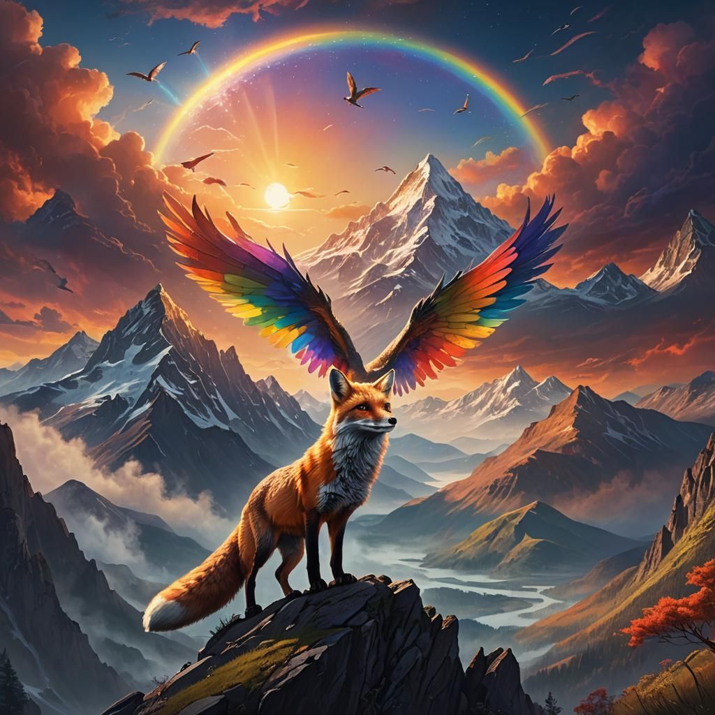 Winged Fox Soaring at Sunset, Fantasy Concept Art