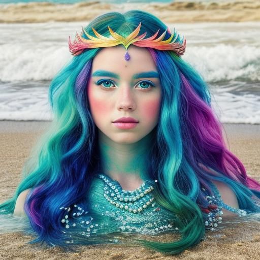 Colorful Mermaid with Rainbow Hair and Pearl Crown