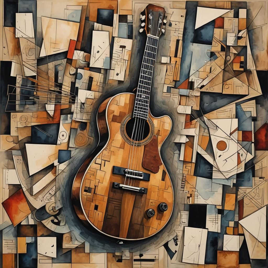 Intricate Cubist Guitar with Watercolor Details