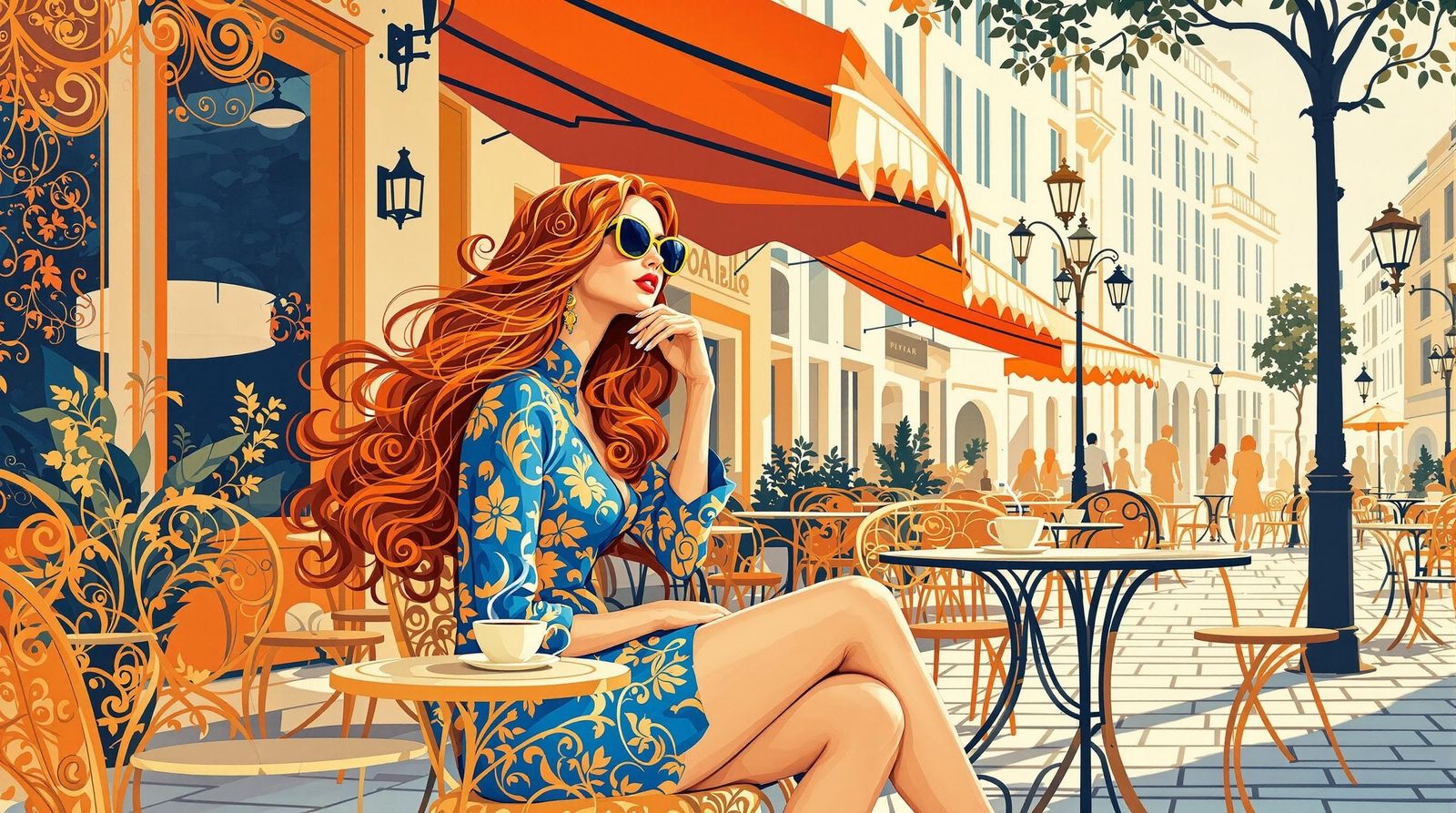 Elegant Woman at Cafe in Art Nouveau Style