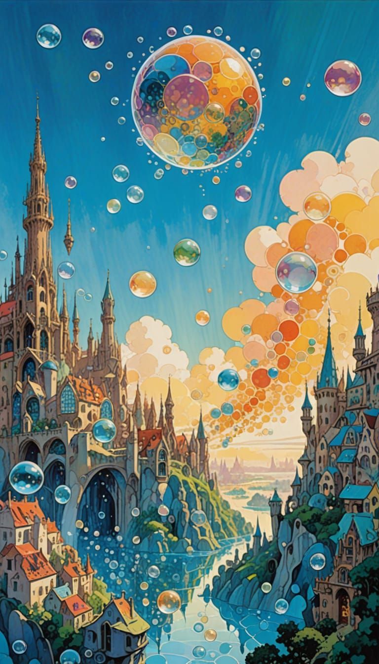 Dreamscape City with Floating Glass Bubbles in Fantasy Style