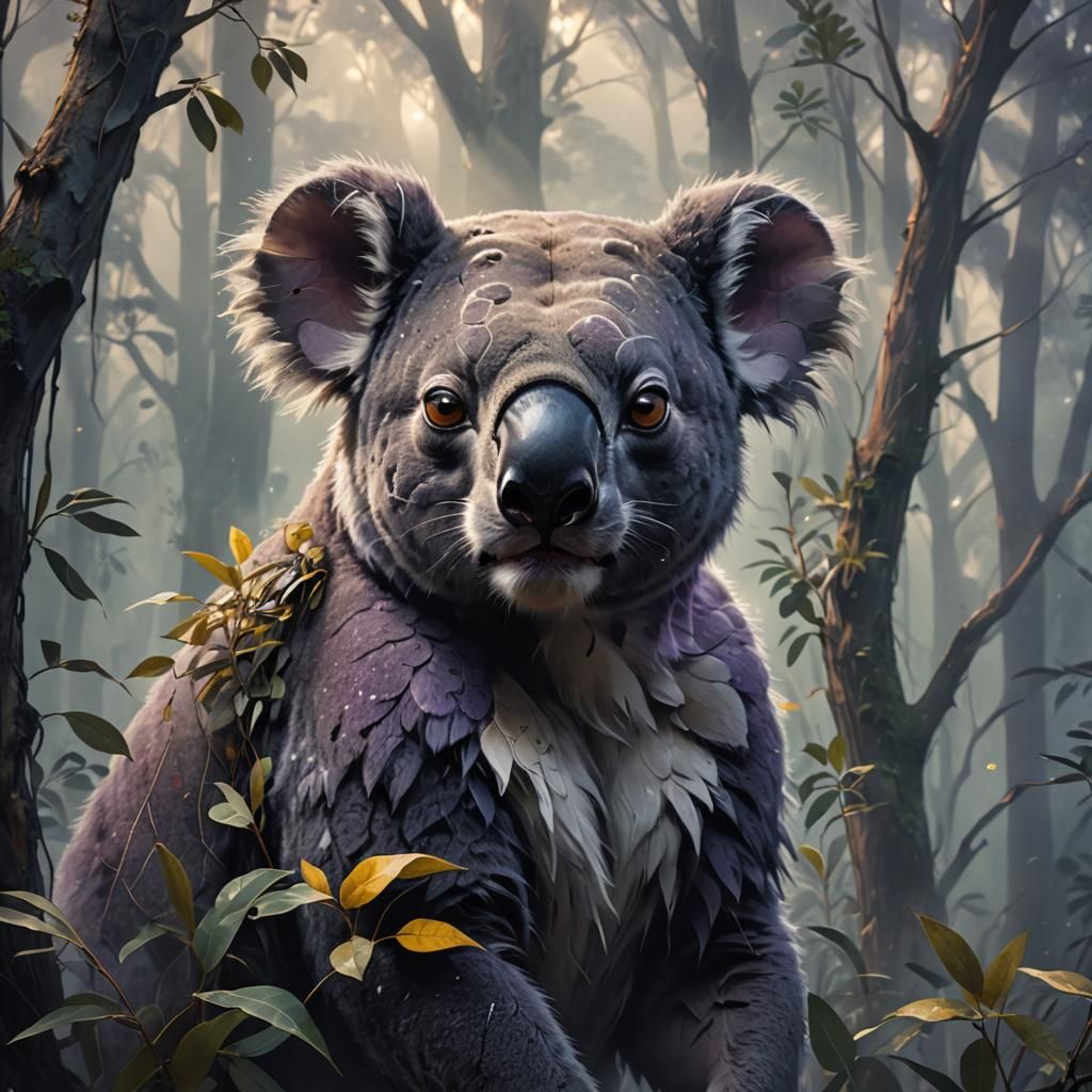Jaglion-Koala Hybrid in Misty Forest, Fantasy Art