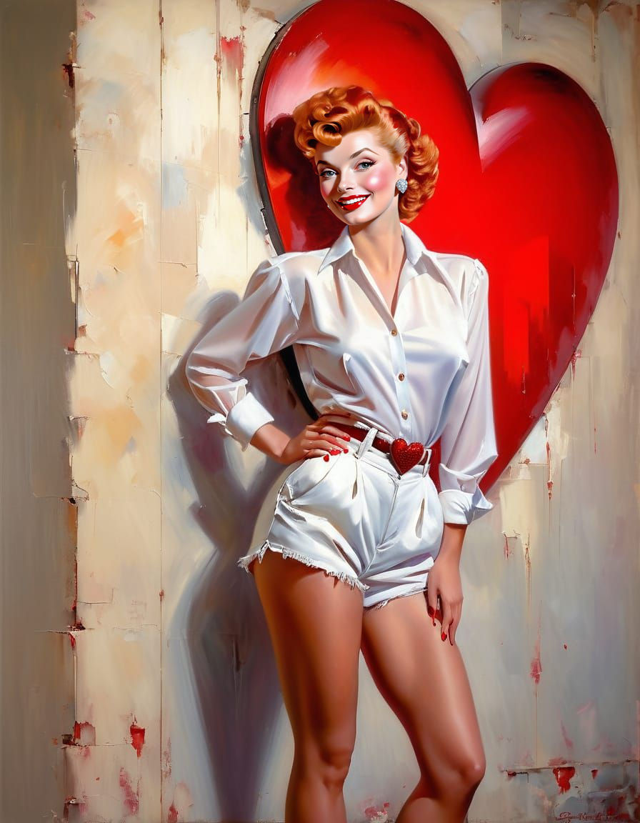 Retro Impressionist Portrait of a Smiling Woman in a Red Hea...