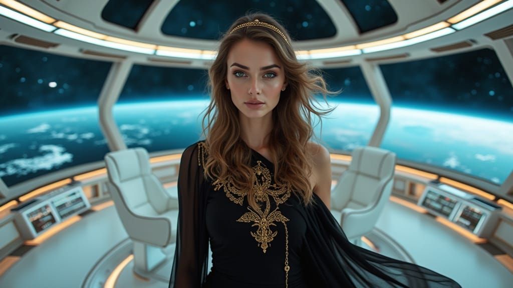 Caucasian Woman Commands Ancient Egyptian Spaceship in Elega...