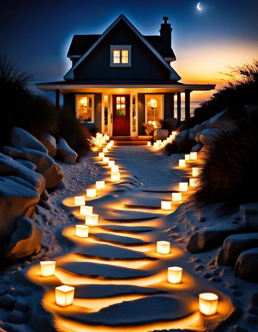 Moonlit Stone Path to Beach House with Luminaries