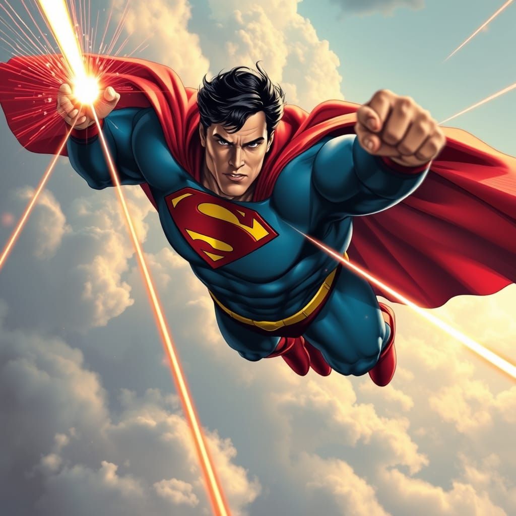 Superhero Soars Through Dynamic Sky