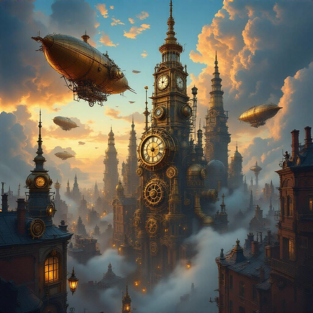 Steampunk Metropolis at Dusk with Airships