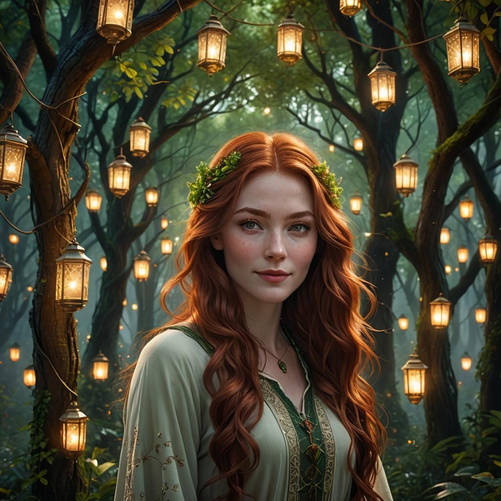 Auburn Haired Woman in Lantern Lit Forest