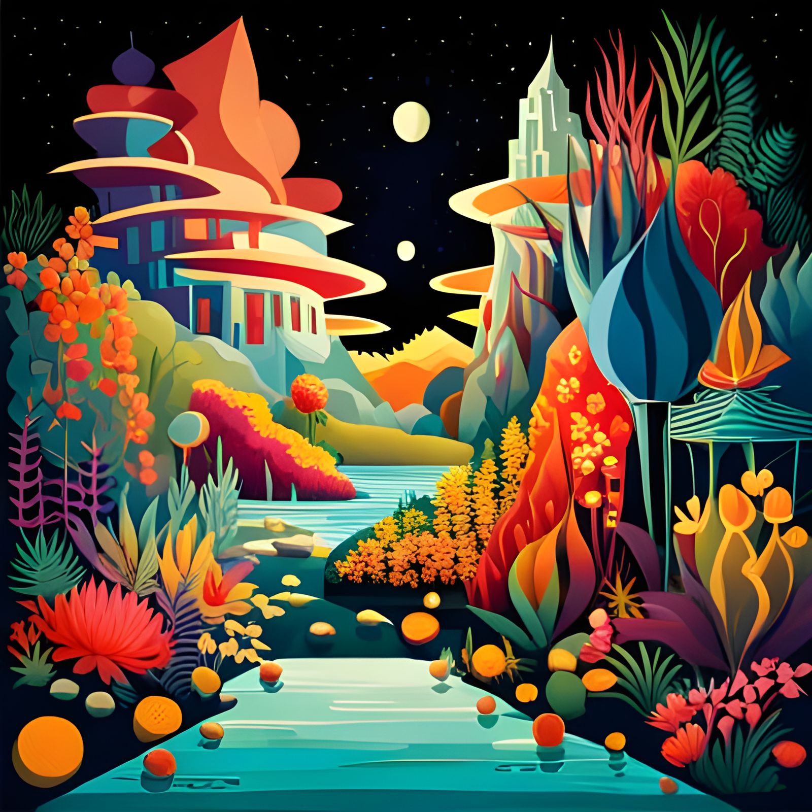 Surreal Alien World Landscape with Vibrant Flora