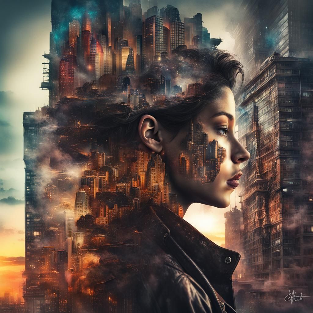 Steampunk Sunset: Double Exposure Hyperrealistic Dreamscape