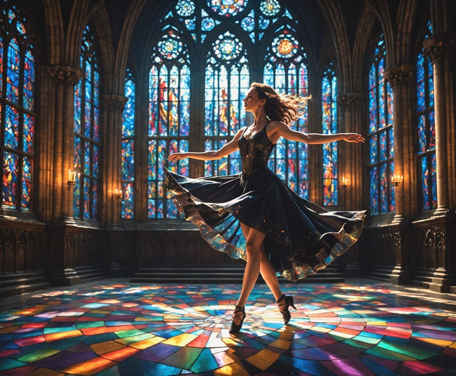 Passionate Dancer in Gothic Cathedral with Cosmic Stained Gl...