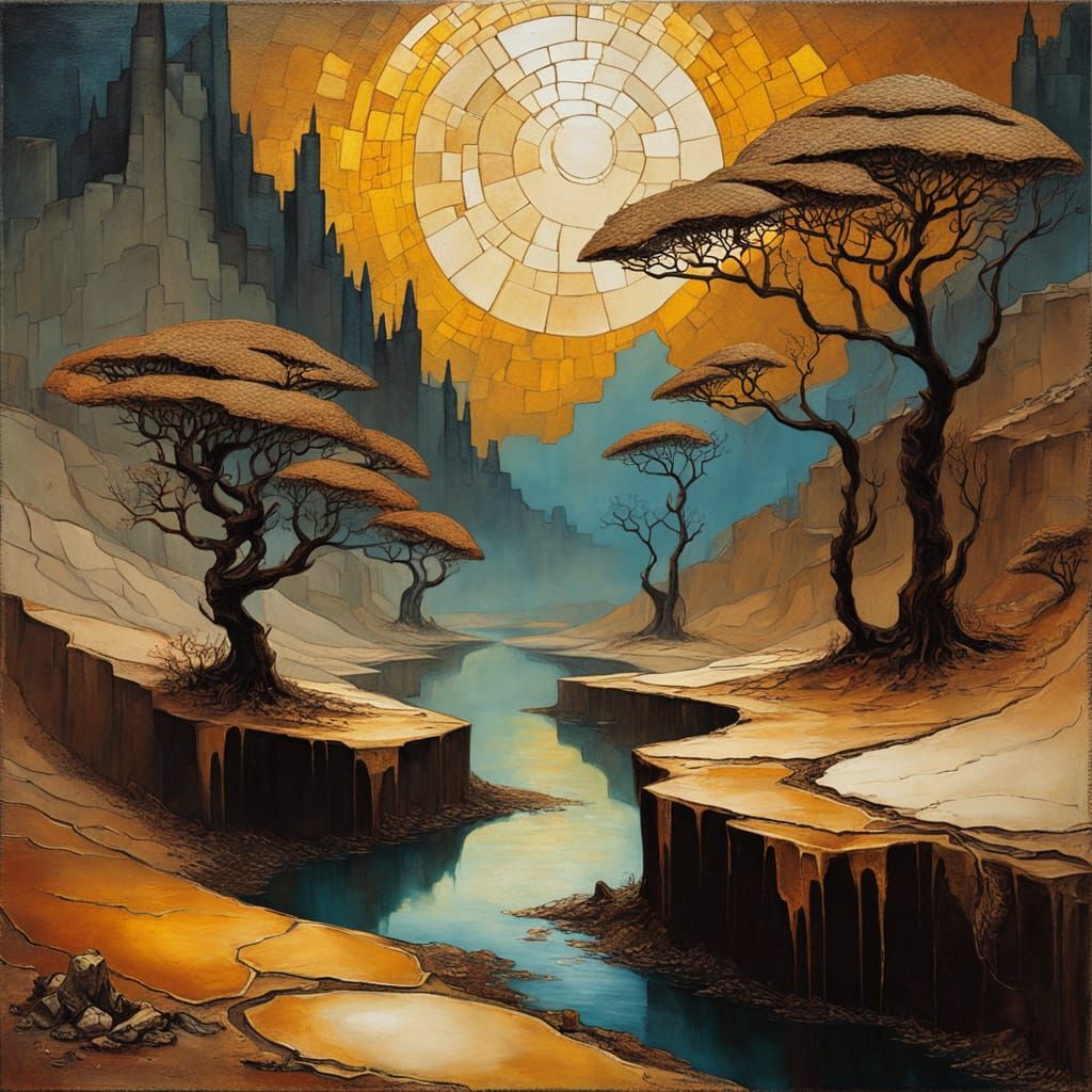 Surreal Futurescape with Kintsugi Mosaic Cityscapes in Warm,...