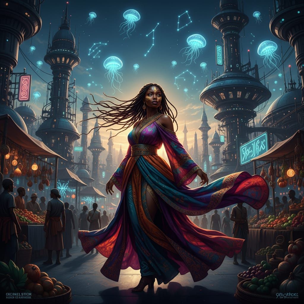 Black Woman in Futuristic African Market at Dusk
