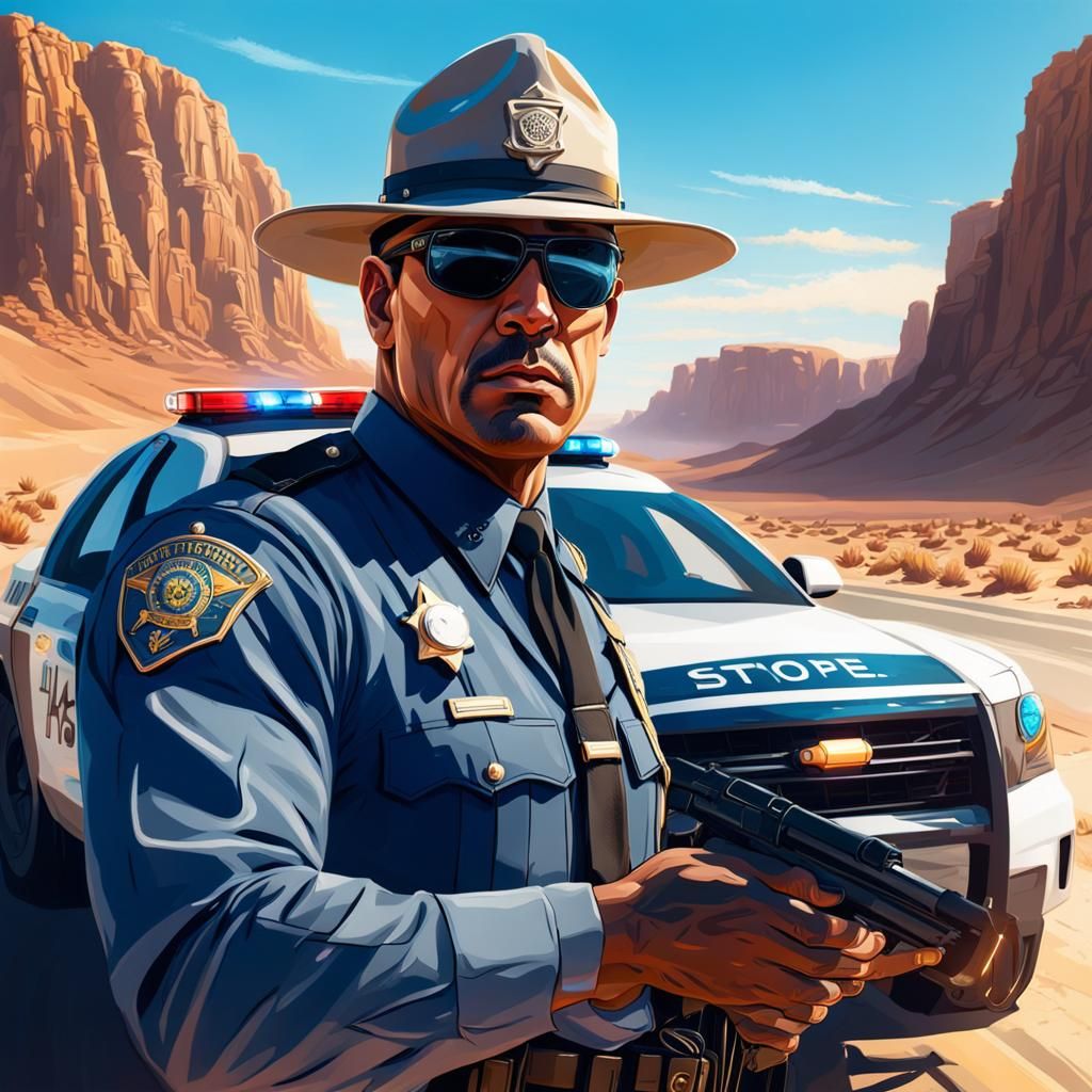 Hyperrealistic State Trooper on Desert Highway