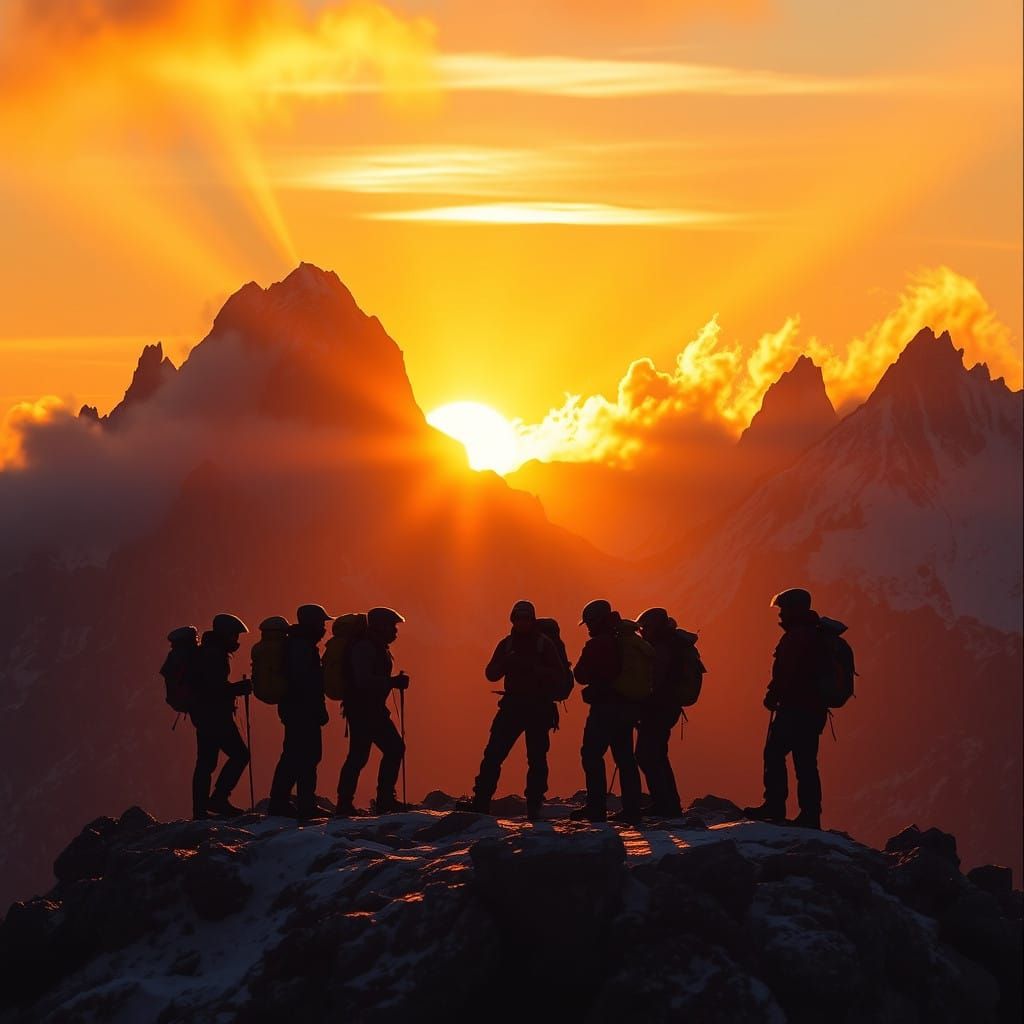 Mountain Climbers in Golden Sunrise