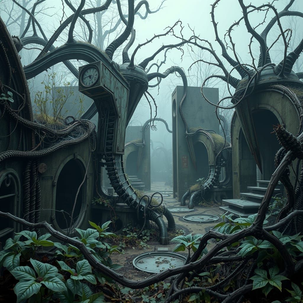 Eerie Biomechanical Garden in Muted Earth Tones