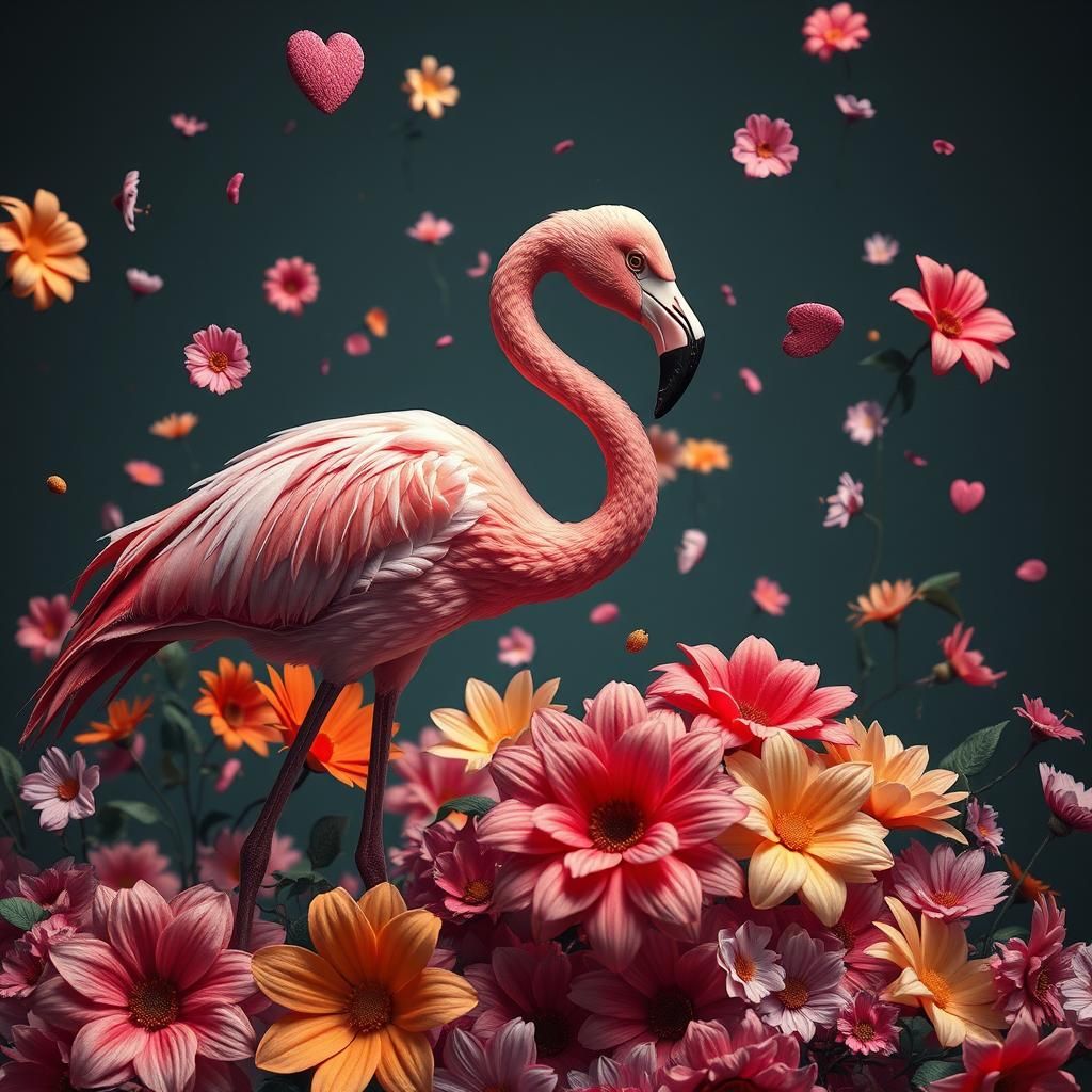 Colorful Flamingo Collage with Fantasy Flowers
