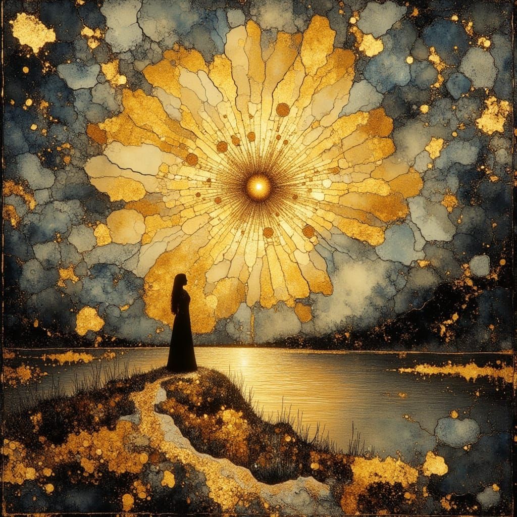 Golden Flower Unfolds Over Sparkling Lake