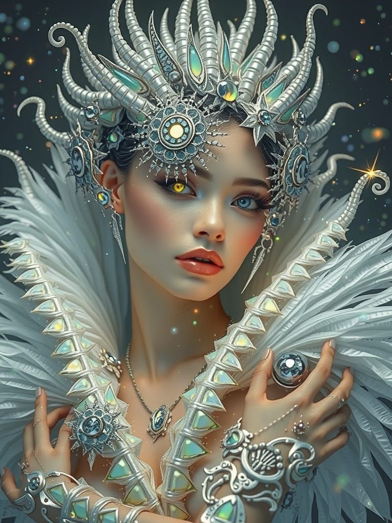 Intricate Filigree Fangs on Vogue Model in Opalescent Style