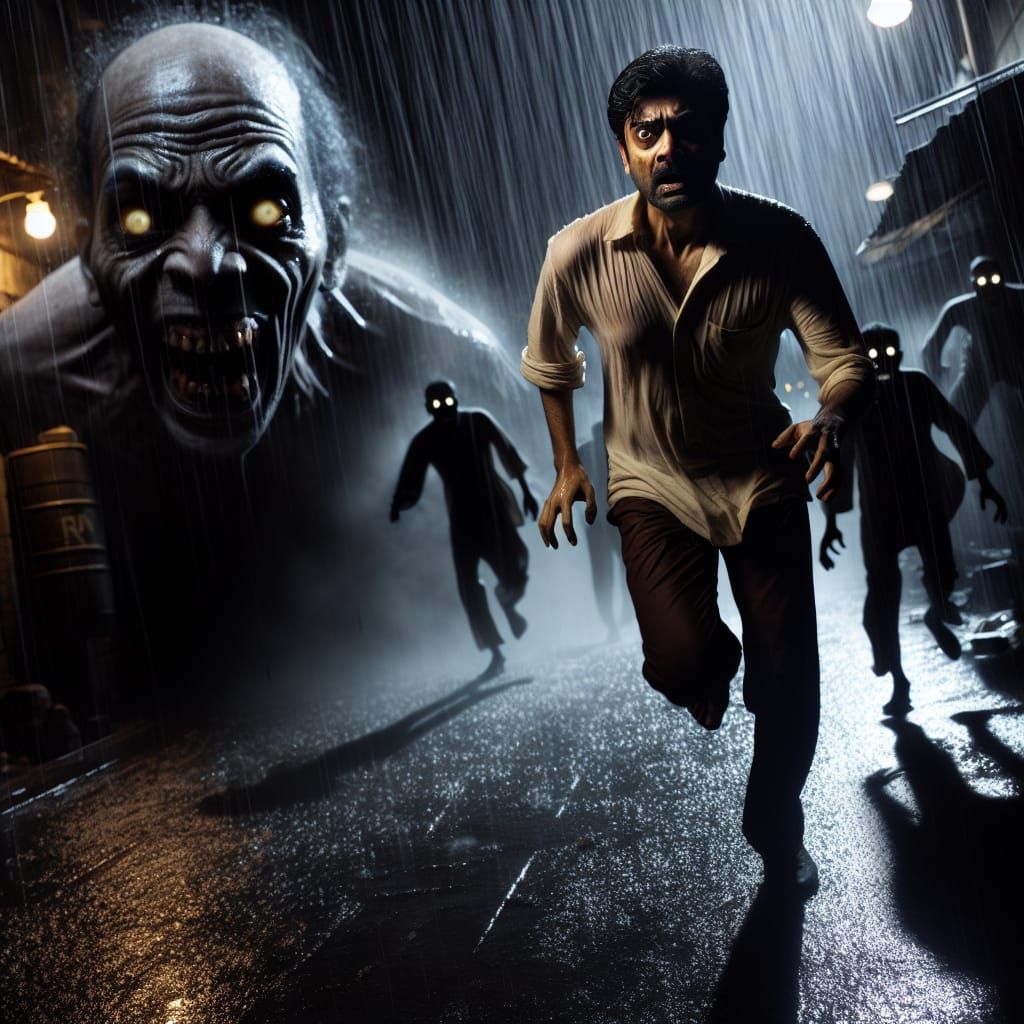 Terrified Man Pursued by Shadow Figures in Rain