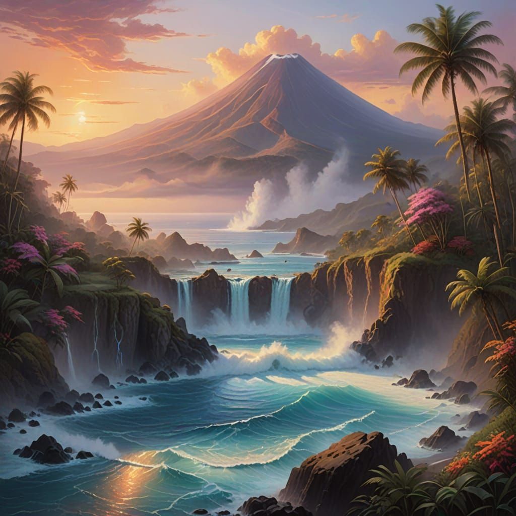 Serene Tropical Volcano Island in Warm Sunset Colors