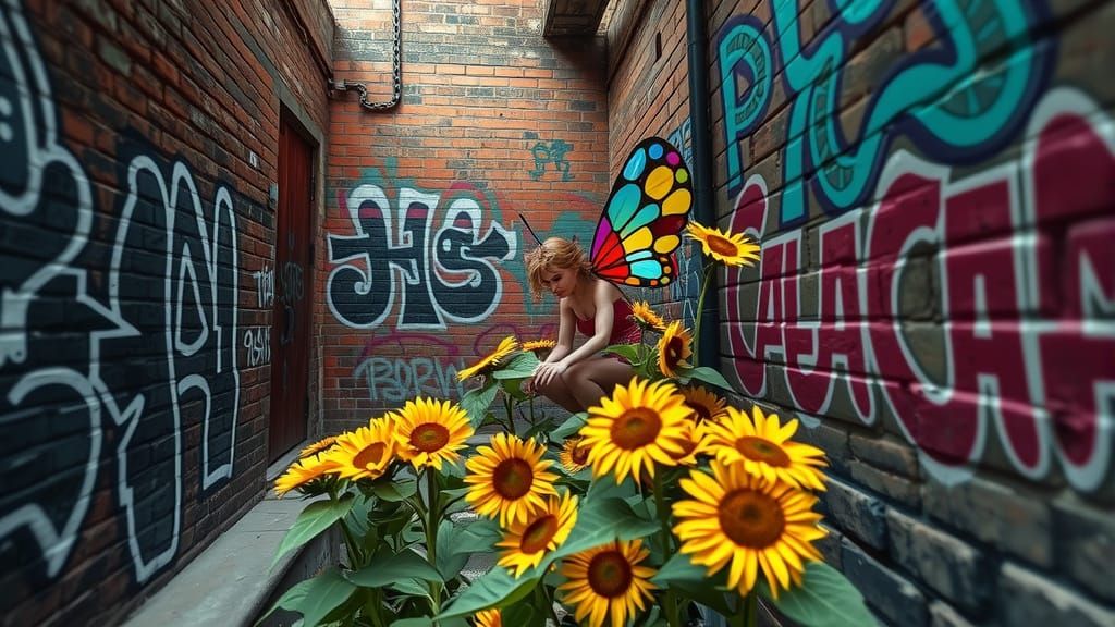 A fairy, with wings like stained glass, tends to a garden of...