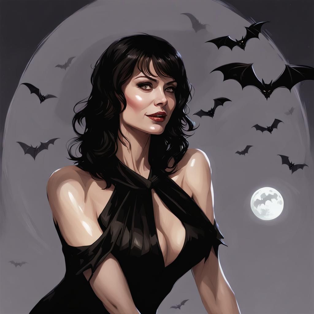 Vampire Woman Portrait with Bats in Art Nouveau Style
