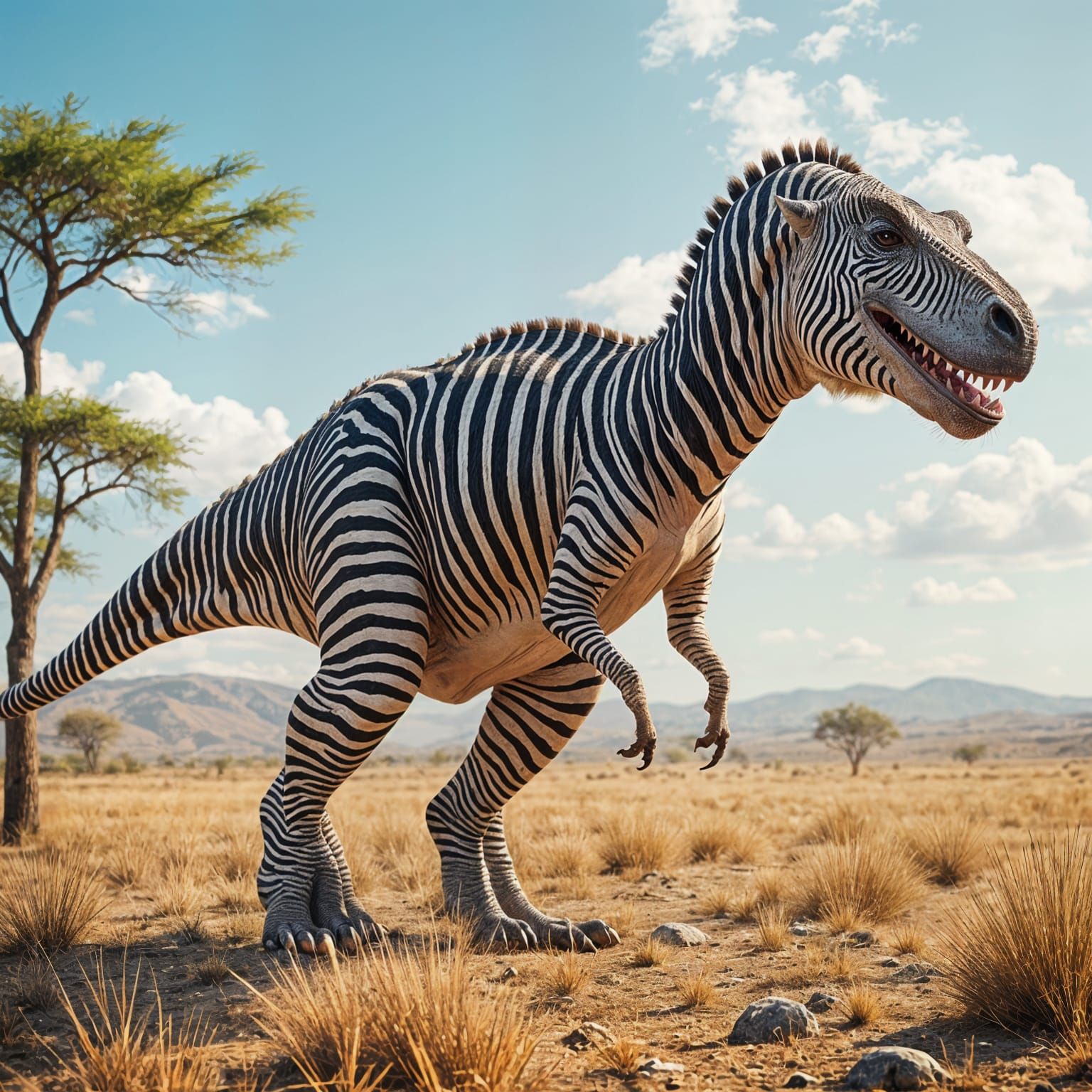 Dinosaur with Zebra Coat Roams Futuristic Savannah
