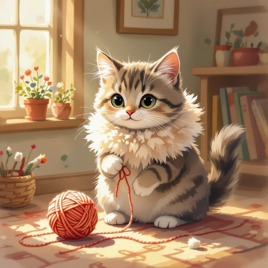 Adorable Cat Playing Yarn, Watercolor Illustration