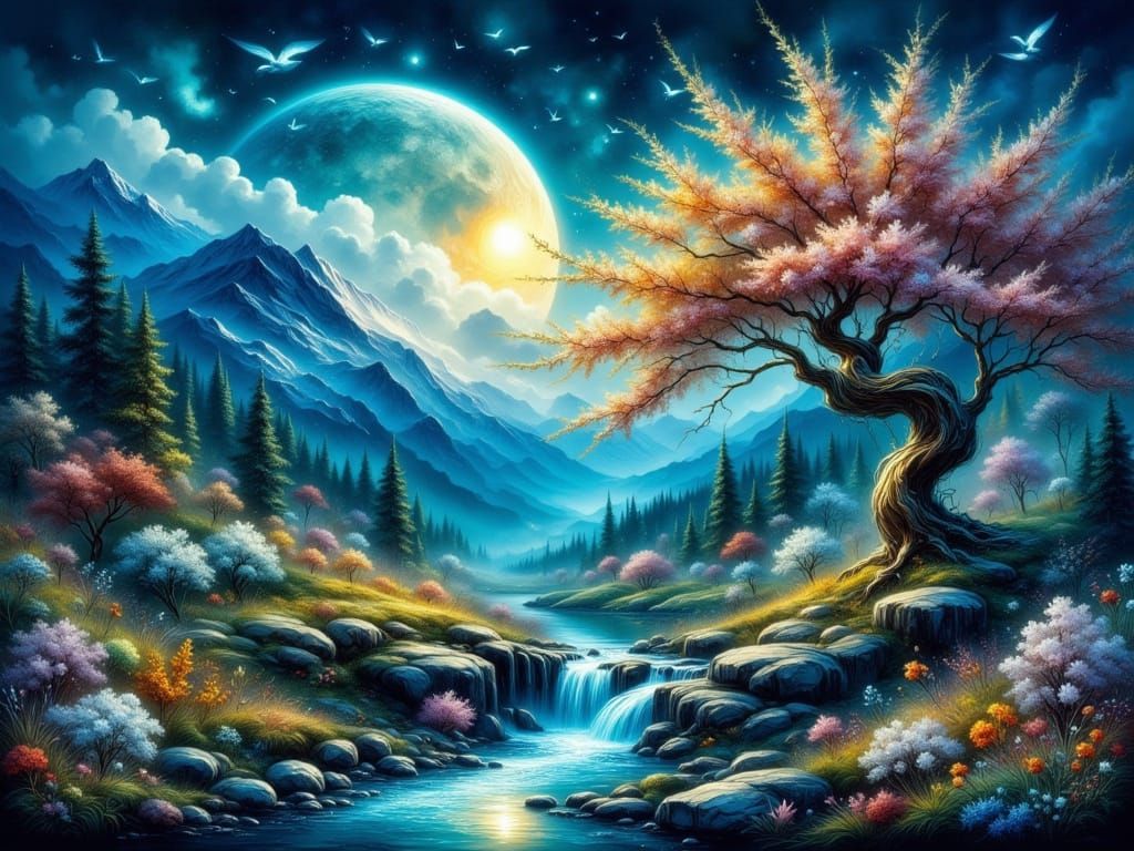 Surreal Moonlit River Landscape with Flowering Tree