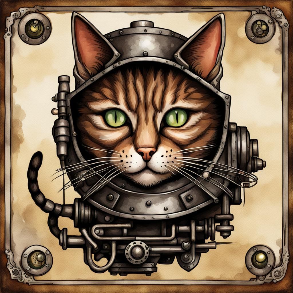 Steampunk Sailor Moon Cat Ink Painting Game Card