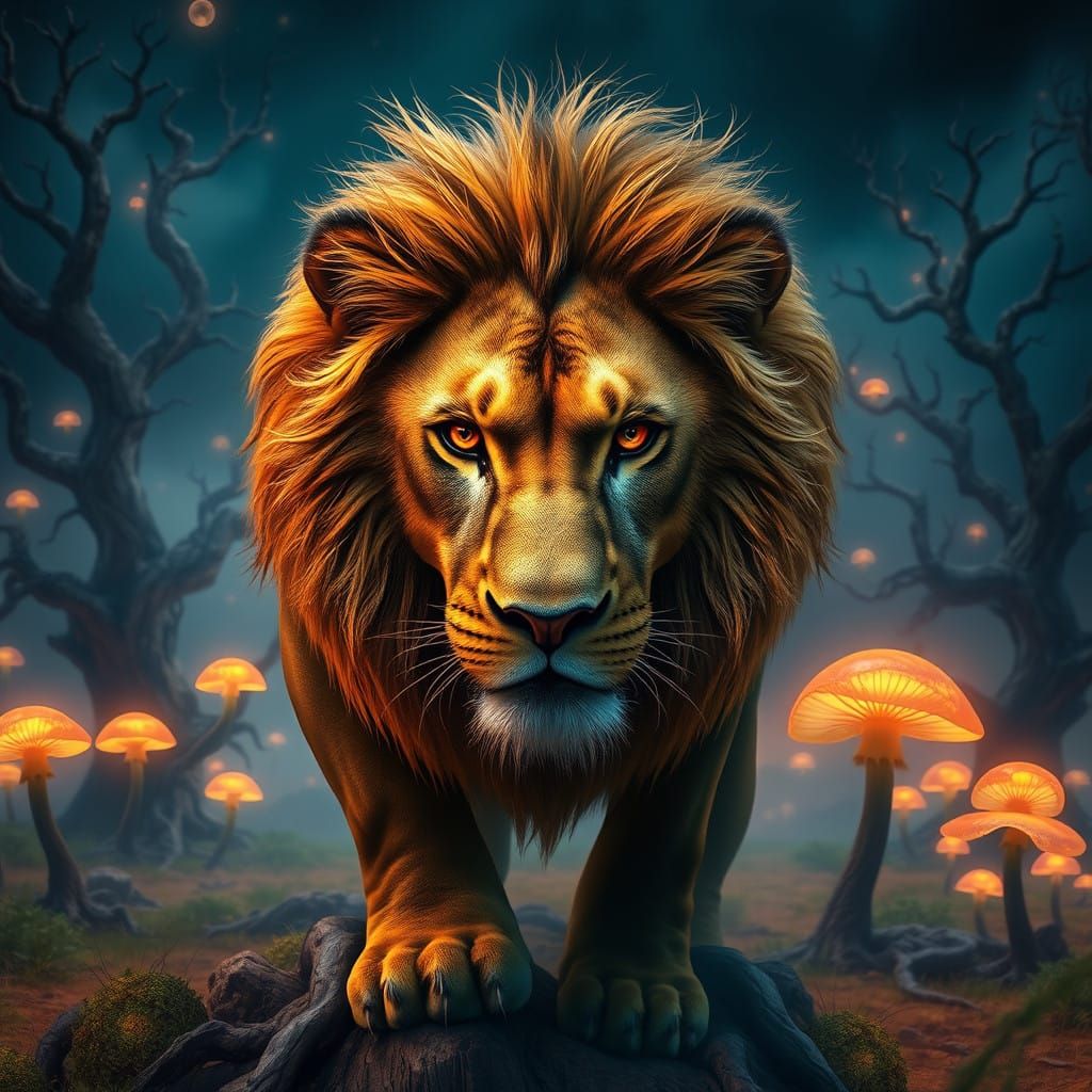 Regal Lion Dominates Mystic Savannah in Vibrant, Detailed Ar...