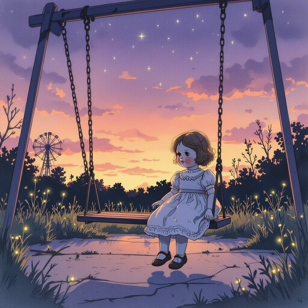 Weathered Doll in Overgrown Park at Dusk