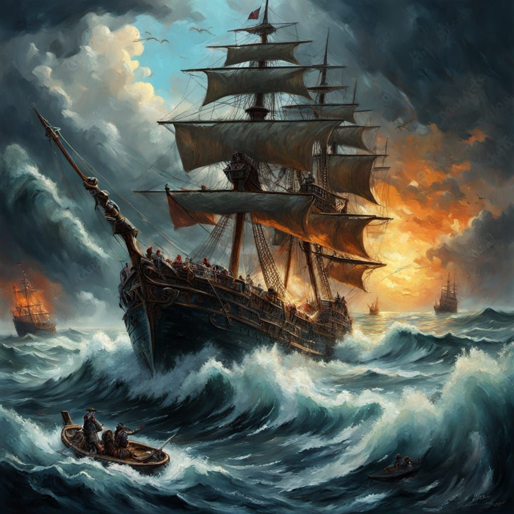 Pirates Engage Corvette in Turbulent Sea, James Gurney Style...