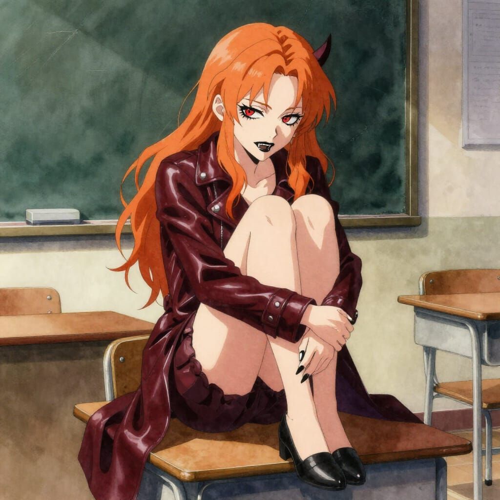 Orange Haired Demon Girl in Leather Dress