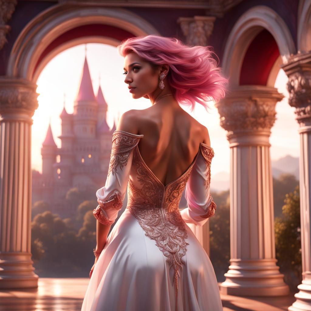 Woman Dancing in Gold-Pillared Castle: Fantasy Art