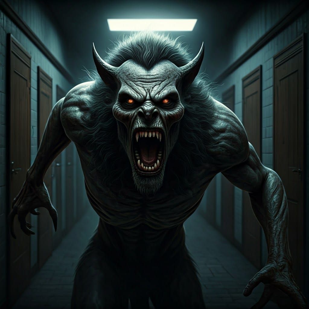 Cyberpunk Demon Werewolf Ghost Hybrid Emerges from Darkness