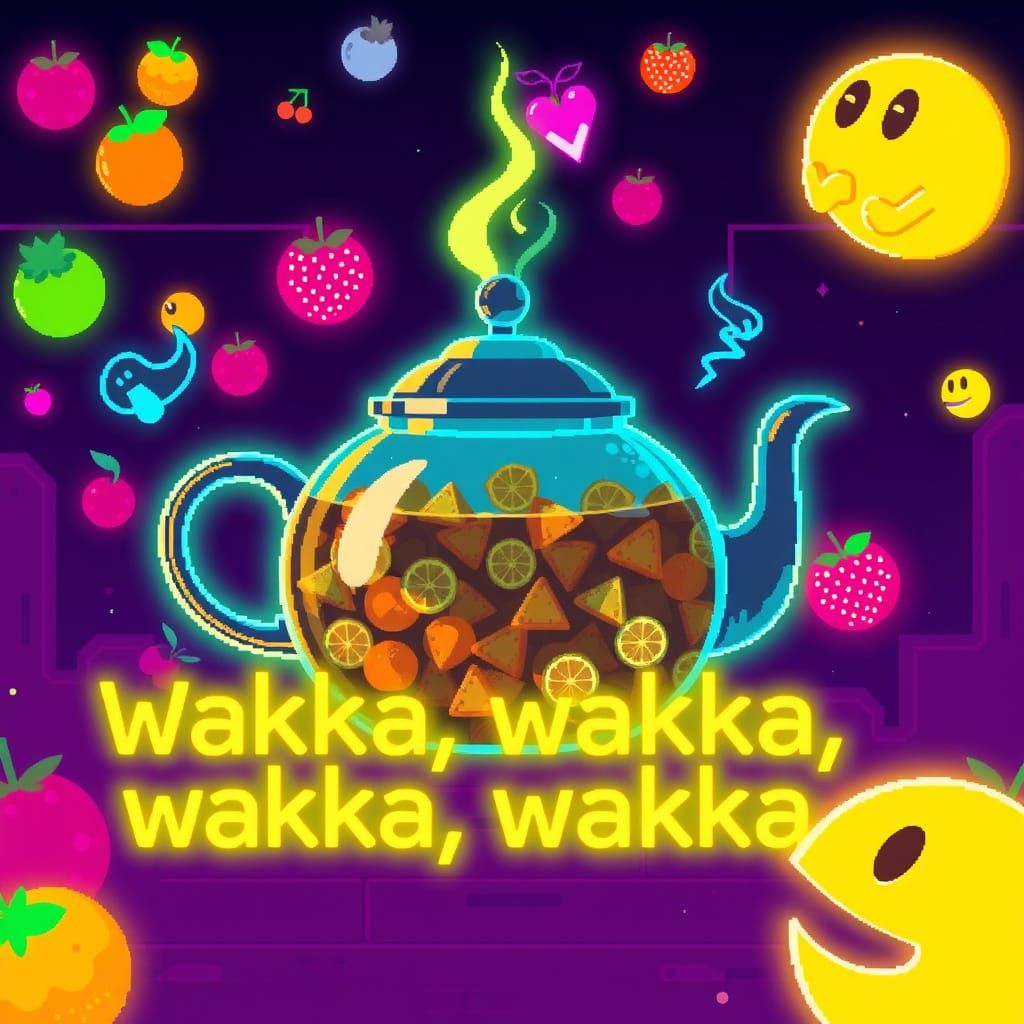 Retro Game Teapot with Pac-Man in Pixel Art Style