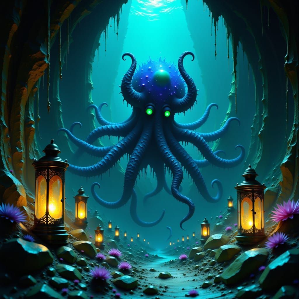 Bioluminescent Octopus in Deep-Sea Trench