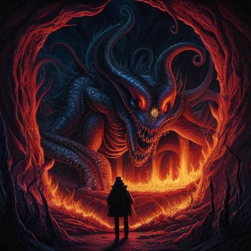 Eldritch Horror Confronts Human: Hand-Drawn Art