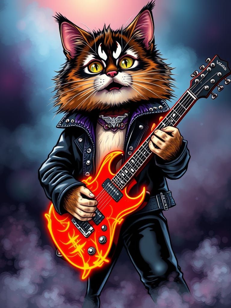 Rockstar Cat with Fiery Guitar in Comic Style