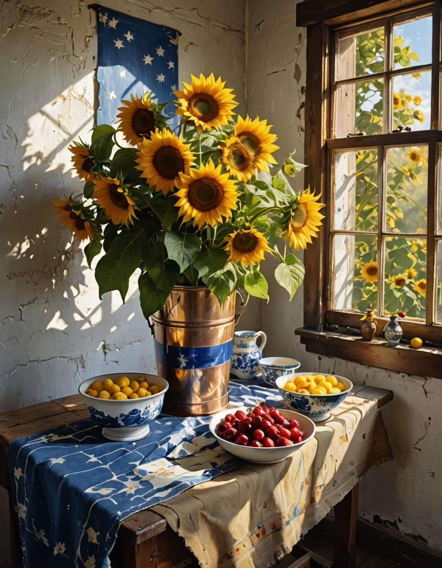 Sunflowers in Delft Blue Bucket with Ukrainian Flag