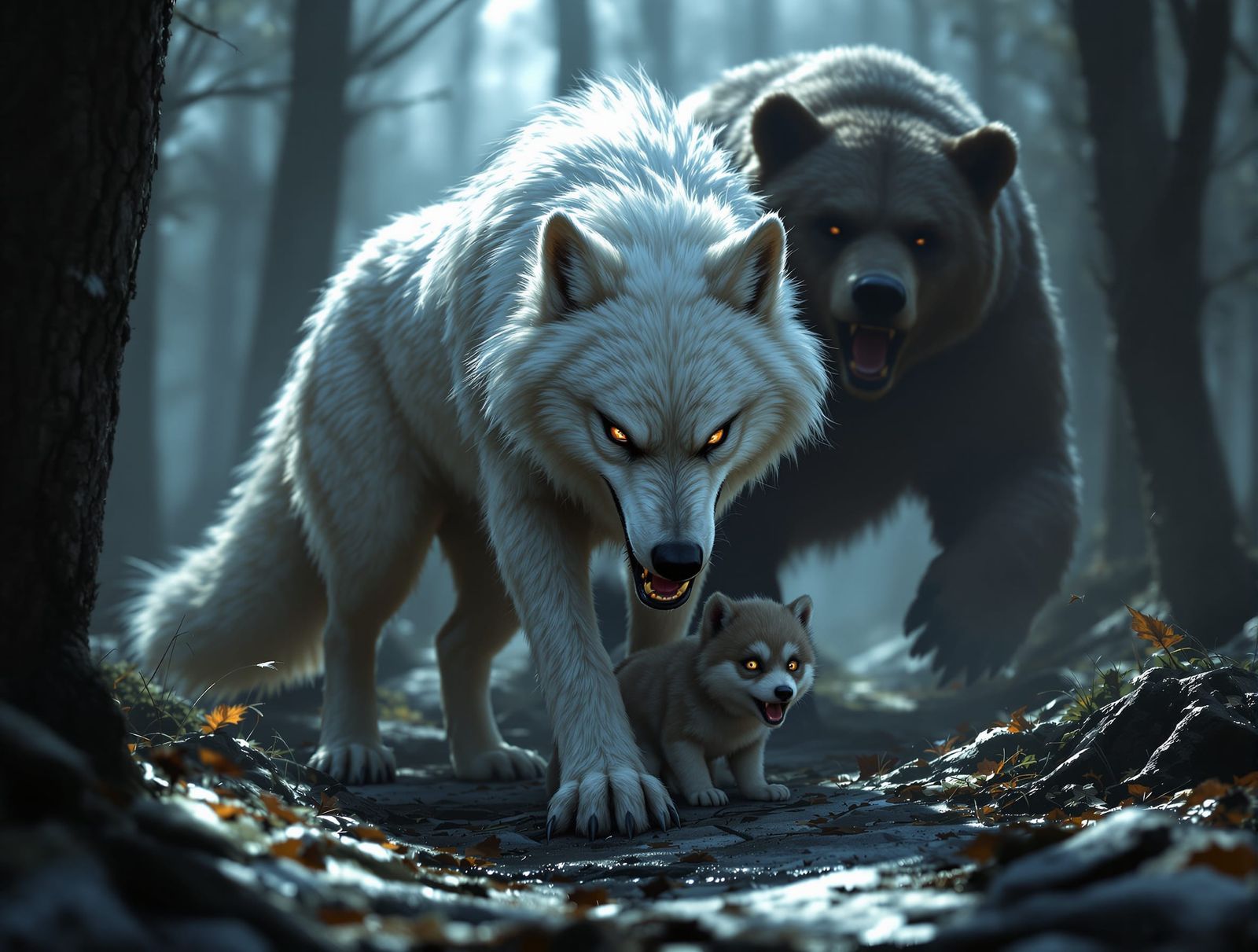 Protective Wolf Defends Cub from Bear Shadow, Fantasy Art