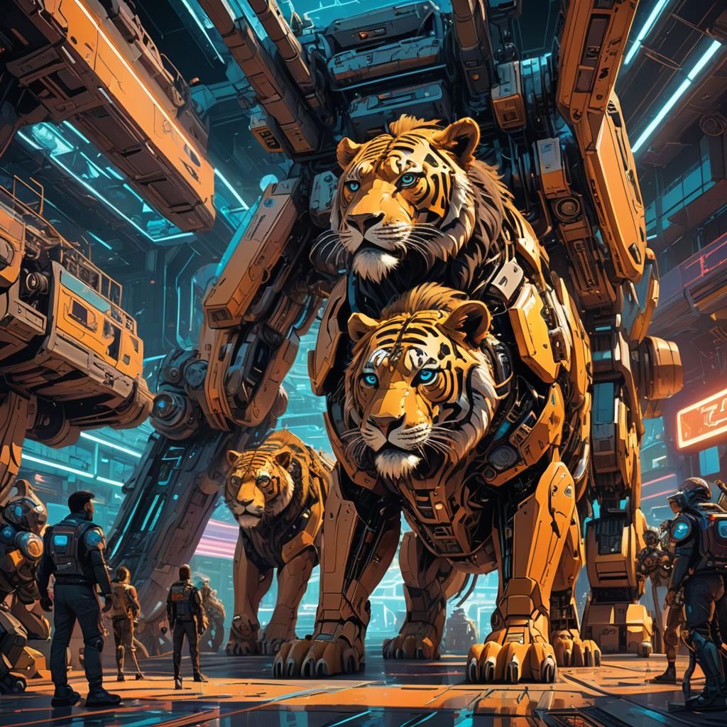 Cyberpunk Lions, Tigers, and Bears in Sci-Fi Mech Landscape